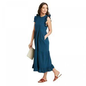 Navy Blue/Teal Cotton Gauze Maxi Dress w/ Ruffled Sleeves & Tiered Hem - Size M
